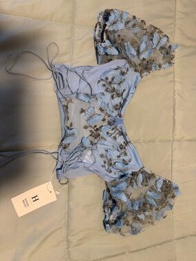 Delicate Blue Butterfly Embroidered Lace Top